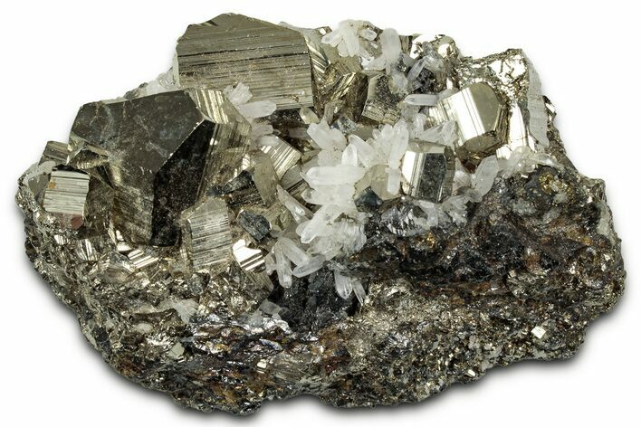 Quartz Crystals on Striated Cubic Pyrite - Peru #347581